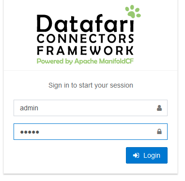Screenshot of Datafari's connectors framework authentication page