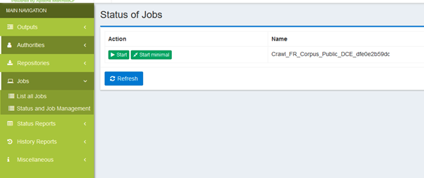 Screenshot of the job status and management page